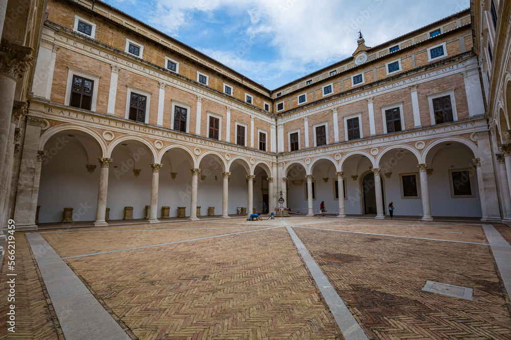 Beautiful places of Italy. View of renaissance courtyard of the Ducal Palace of Urbino , city and World Heritage Site in Marche region, Italy.