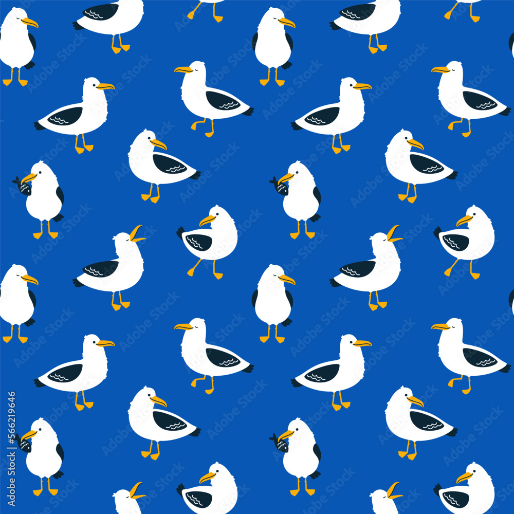 Fototapeta premium Seamless pattern with characters of cute seagulls on a blue background. Cartoon hand drawn vector illustration.