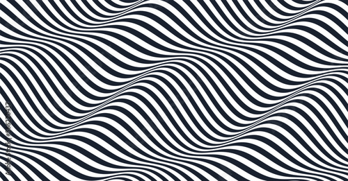 Wavy pattern with optical illusion. Black and white design. Abstract striped background. 3d vector illustration. © Login