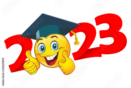 2023  emoji smile in graduation cap with thumbs up. Template for greeting, invitation card graduation party.  Vector on transparent  background