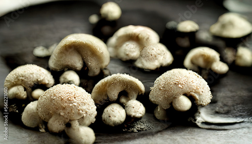 Raw mushrooms champignons on black background