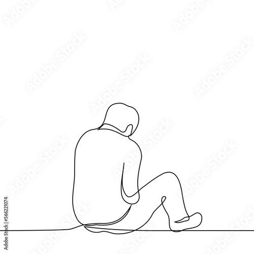 man sits on the ground or on the floor with his head down with his back to the viewer - one line drawing vector. concept loneliness, give up, be abandoned, outcast