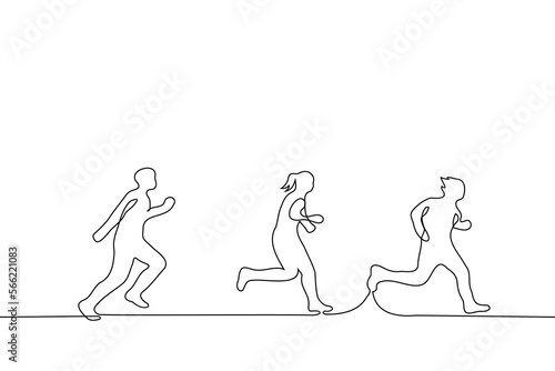 group of people running - one line drawing vector. concept marathon with athletes