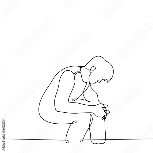 man sits with his head down his hands rest on laps - one line drawing vector. concept despair, fatigue, apathy, idleness, sadness, thoughtfulness, zone out