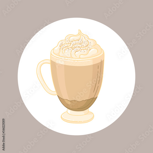 Latte coffee vector illustration. Poster of beautiful mug with coffee and cream.