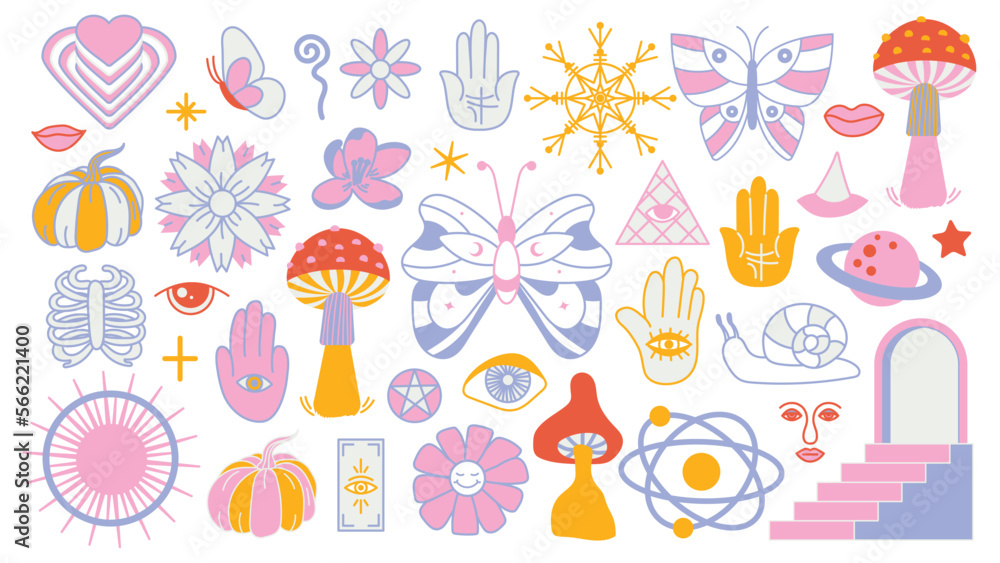 Magic background groovy in retro trend style with clipart elements. mystical vector isolated pattern. editable stroke clipart stickers. Esoteric element witchcraft. Collection of occult symbols y2k Magic background groovy in retro trend style with clipart elements. mystical vector isolated pattern. editable stroke clipart stickers. Esoteric element witchcraft. Collection of occult symbols y2k