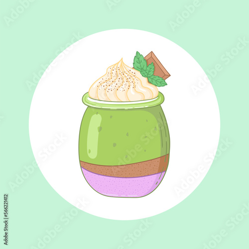 Delicious dessert in a glass jar. Vector illustration. Sweet dessert poster.