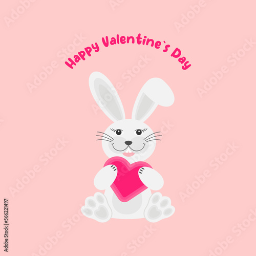 Cute rabbit with heart . Valentines Day greeting card, Illustration of Love and Valentine`s day. Vector illustration in cartoon flat style.
