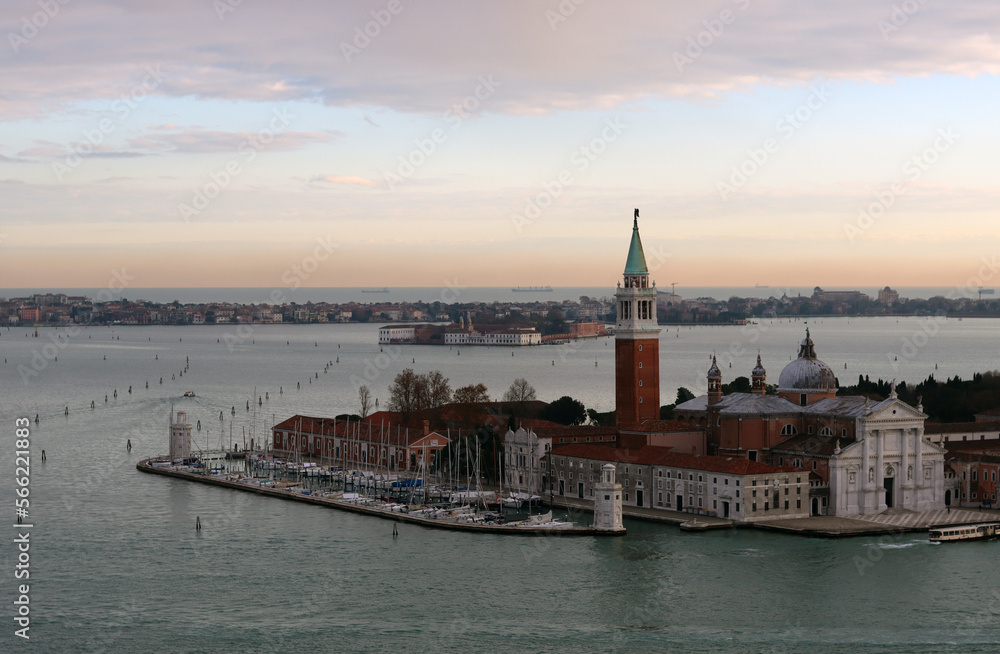 Beautiful evening in Venice. Colorful panoramic photo of famous Italian city. Architecture of Venice city. 