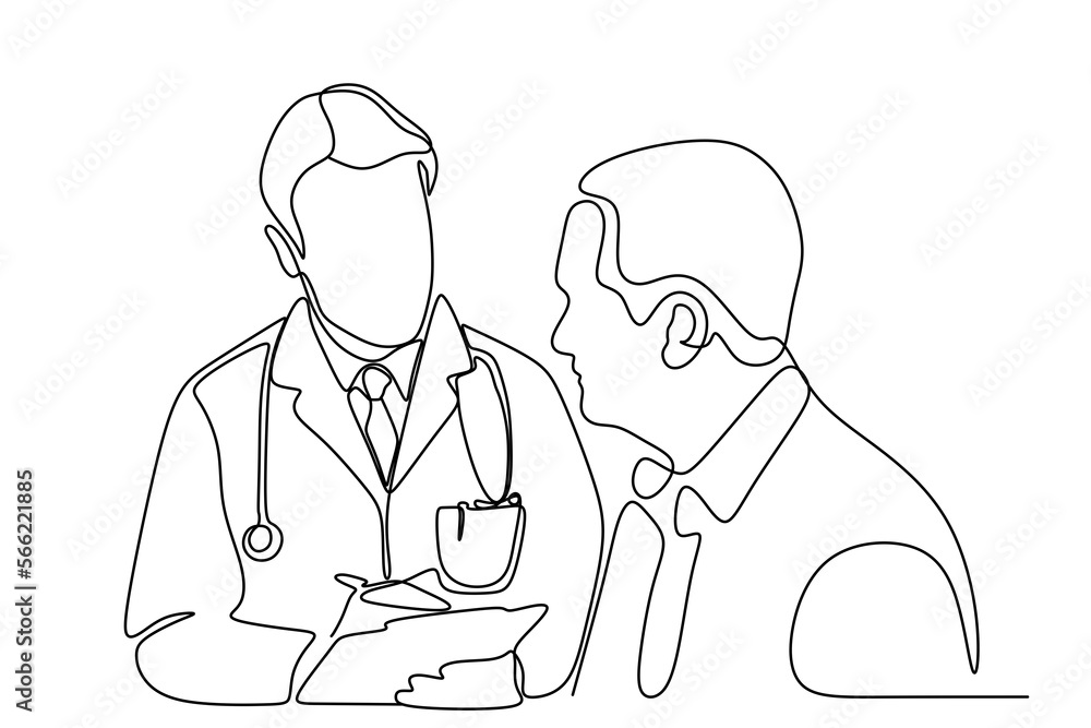 One continuous line drawing of young male doctor giving consultation session to female patient while reading medical record. Hospital health care concept single line draw design vector illustration One continuous line drawing of young male doctor giving consultation session to female patient while reading medical record. Hospital health care concept single line draw design vector illustration