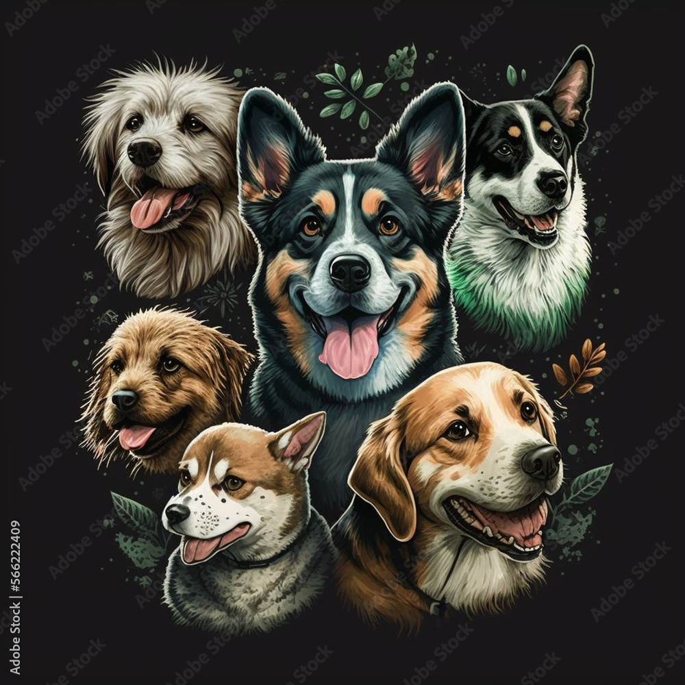 T-shirt design depicting happy different breeds of dogs T-shirt design depicting happy different breeds of dogs