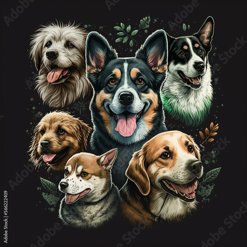 T-shirt design depicting happy different breeds of dogs