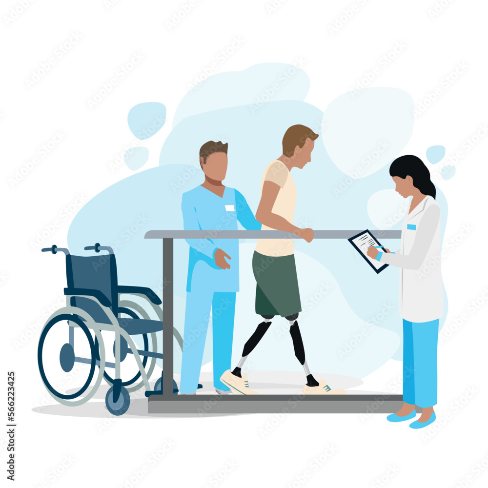 young man learns to walk on prosthetic legs in a rehabilitation center. The doctor helps the patient to rehabilitate after leg amputation. Thank you doctors and nurses. Vector illustration.