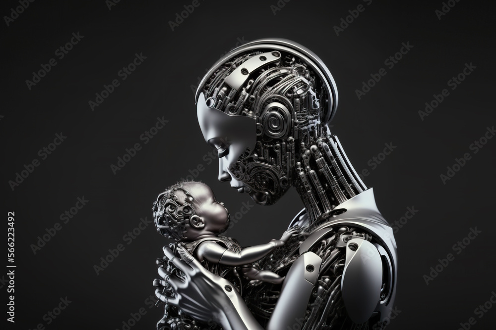 Robot mother cradling her tiny robot newborn baby. Post-processed digital AI art Robot mother cradling her tiny robot newborn baby. Post-processed digital AI art