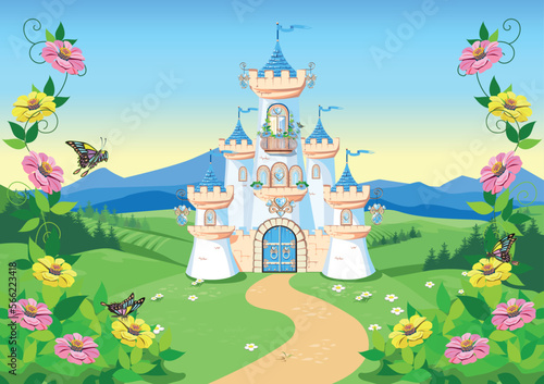 Fairytale background with princess castle in blooming valley. Castle with blue flags, precious hearts, rooftops, towers and gates in a beautiful landscape. Vector illustration for a fairy tale.