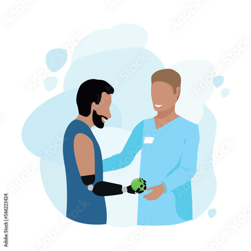 young man learns to operate a prosthetic arm in a rehabilitation center. The doctor helps the patient to rehabilitate after the amputation of the arm. Thank you doctors and nurses. Vector illustration