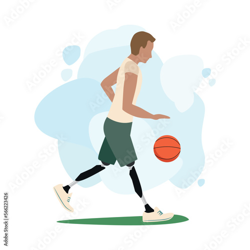 young man with prosthetic legs plays basketball. Limb prosthetics and rehabilitation. Thank you doctors and nurses. Vector illustration.