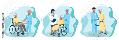 Friendly nurses caring for an elderly woman, set of vector illustrations isolated on a white background. Thank you doctors and nurses.