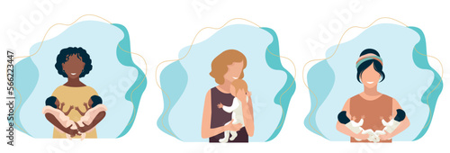 Mom with a baby in her arms after childbirth. The joy of motherhood. Love and care for children. Mothers Day. Set of vector illustration.