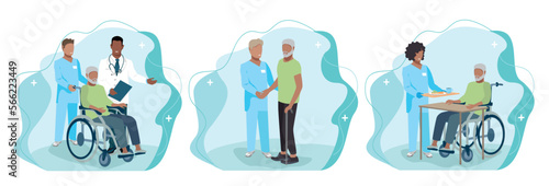 Friendly nurses caring for an elderly man, a set of vector illustrations isolated on a white background. Thank you doctors and nurses.