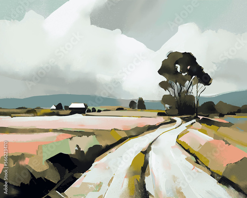 A digital painting of a pathway leading up to a farm house in the countryside