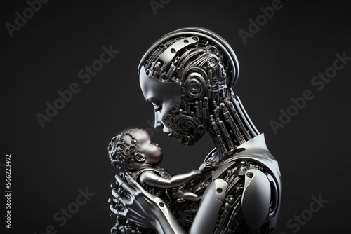 Robot mother cradling her tiny robot newborn baby. Post-processed digital AI art	