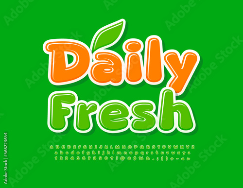 Vector eco Sign Daily Fresh. Green Glossy Font. Modern Alphabet Letters, Numbers and Symbols set