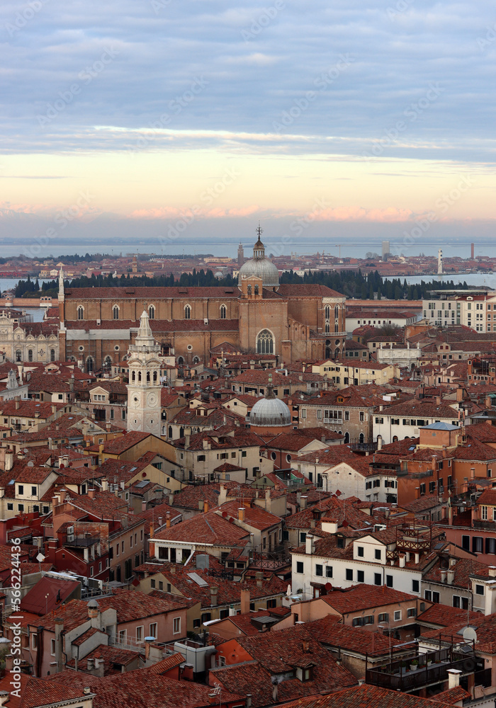 Venice city from above. Beautiful panoramic view of Italian city. Golden hour photo of Italy. Romantic tourist destination concept. 