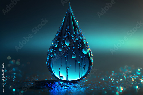 blue glowing water drop on dark blue background