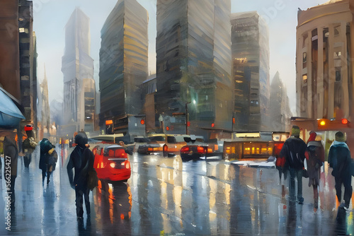 the city during the day. oil painting of traffic in the city. city painting. oil painting city lights. AI generated. city painting concept. oil painting concept.