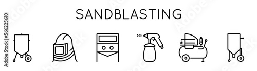 Sandblasting icons set. Presented camera, pistol, mask, container. For web design and internet.