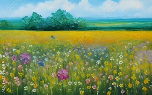Field of flowers with a bright blue sky and white clouds in the distance  made with generative ai