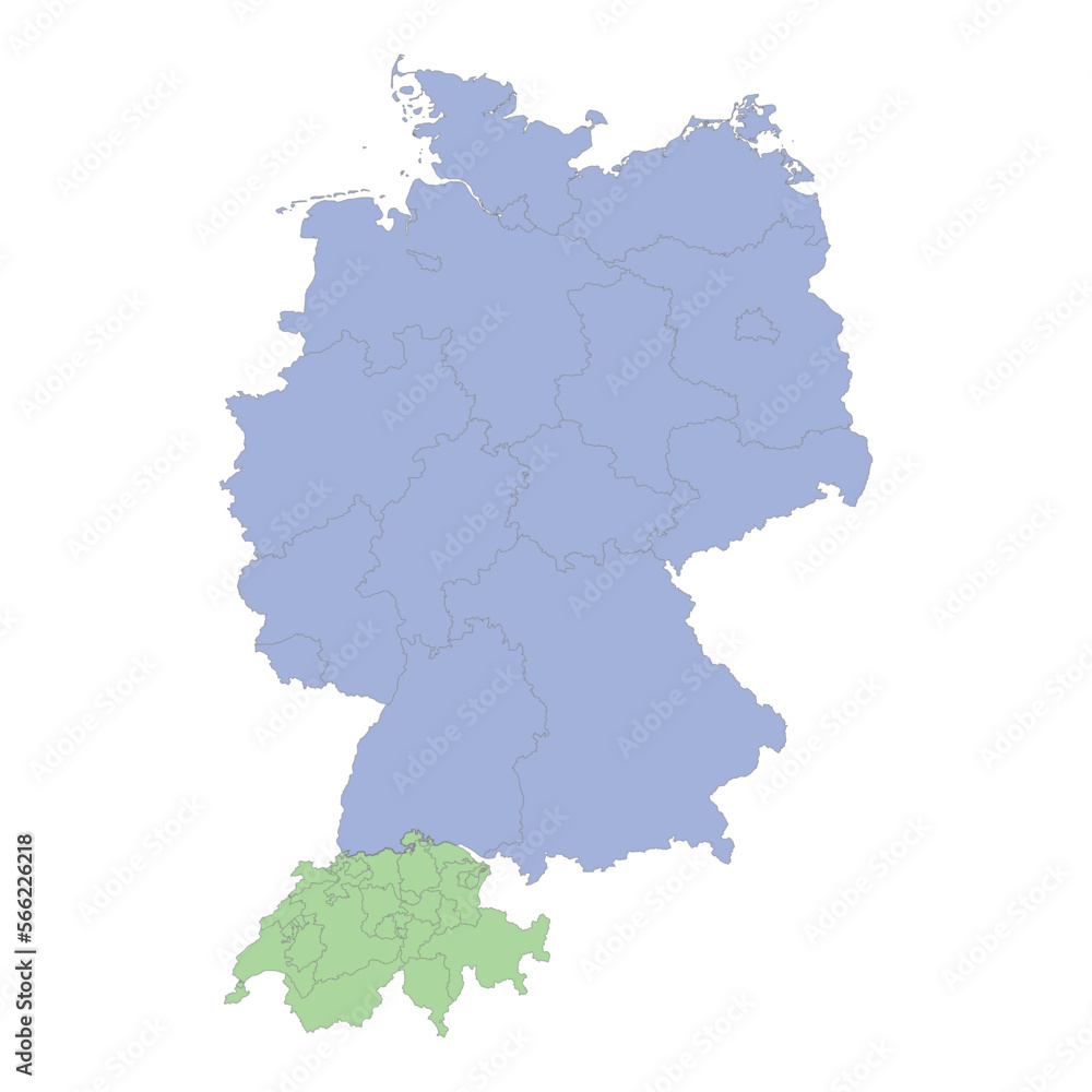 High quality political map of Germany and Switzerland with borders of the regions or provinces