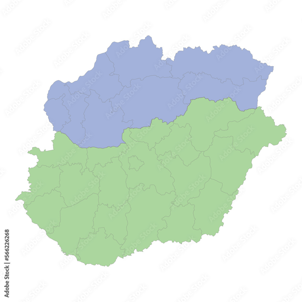 High quality political map of Hungary and Slovakia with borders of the regions or provinces.