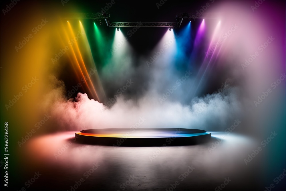 Minimalistic stage background with fog and colored spotlights for
