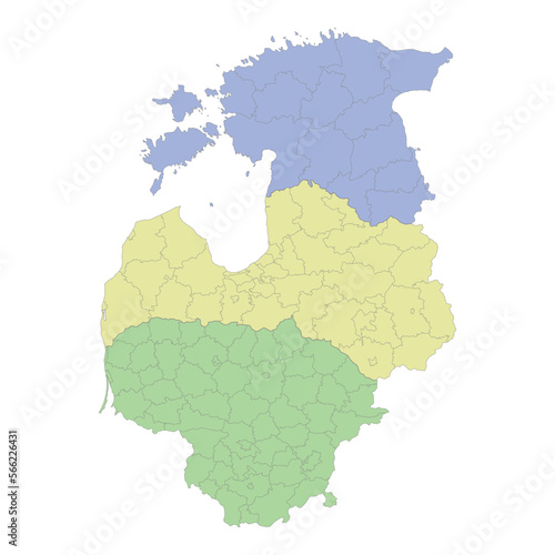 High quality political map of Lithuania,Latvia and Estonia with borders of the regions or provinces