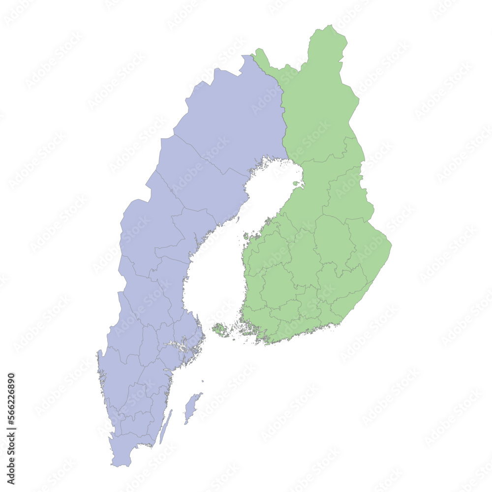 High quality political map of Sweden and Finland with borders of the regions or provinces