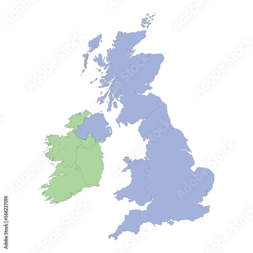 High quality political map of United Kingdom and Ireland with borders of the regions or provinces