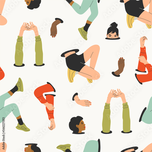 Human parts stick out from the hole, portal hatch or loop. Legs, hands, head, arm. Divided female human body. Teleport, fashion concept. Hand drawn Vector illustration. Square seamless Pattern