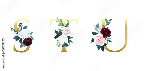 Vector floral alphabet set with beautiful floral and leaves decoration