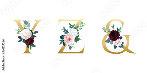 Vector floral alphabet set with beautiful floral and leaves decoration