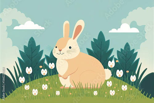 Easter card with a cute bunny on the spring meadow with spring flowers. Generative ai illustration
