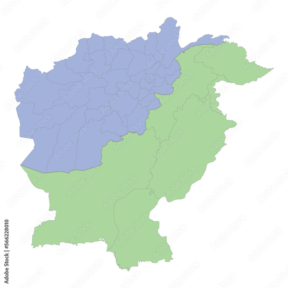 High quality political map of Pakistan and Afghanistan with borders of the regions or provinces