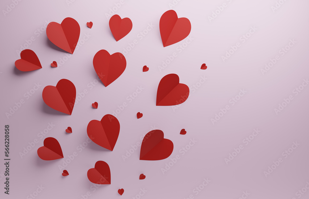 Red heart shapes on a pink background, Valentines Day or wedding concept background, 3d rendering