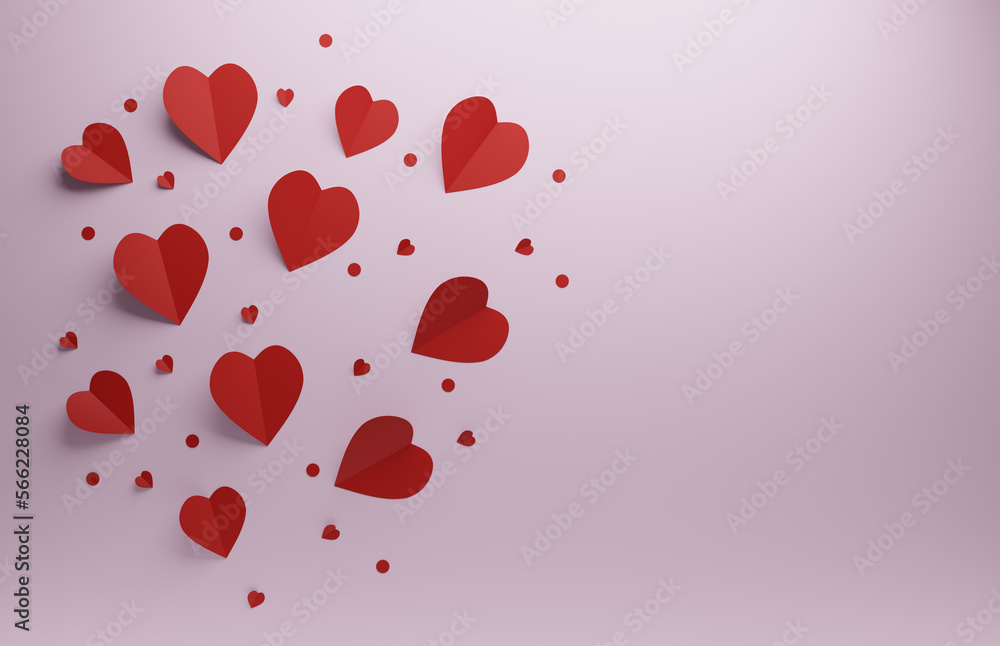 Red heart shapes on a pink background, Valentines Day or wedding concept background, 3d rendering