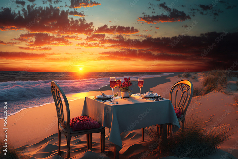 Restaurant on the beach, Sunset, Generative AI