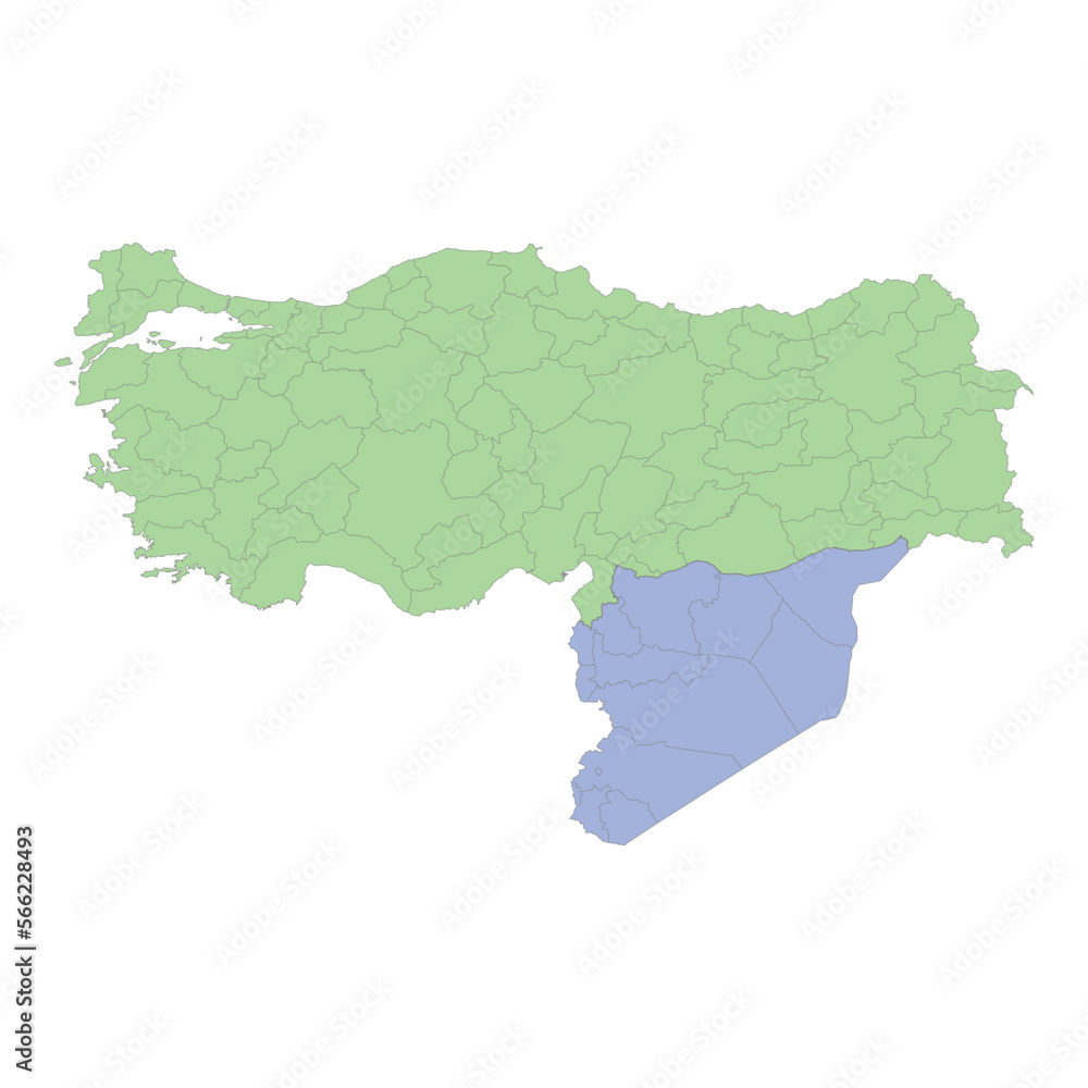 High quality political map of Turkey and Syria with borders of the regions or provinces