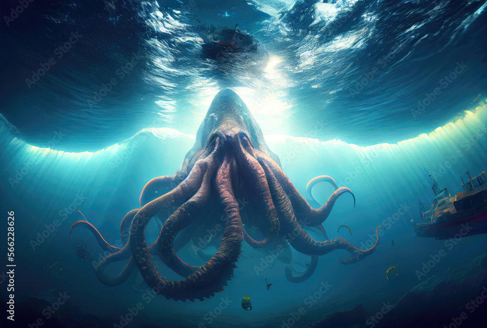 Kraken under the deep sea attacking and sinking the ship. Mythical ...