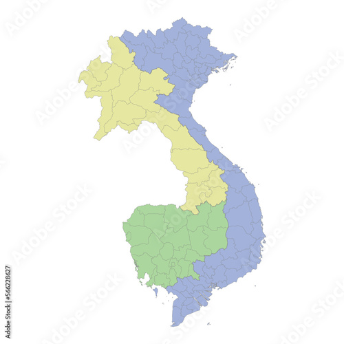 High quality political map of Vietnam,Cambodia and Laos with borders of the regions or provinces.