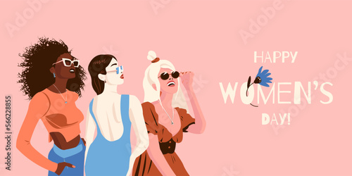 International Women's Day banner with three girls of different cultures and ethnicities stand together. Vector concept of gender equality and of the female empowerment movement